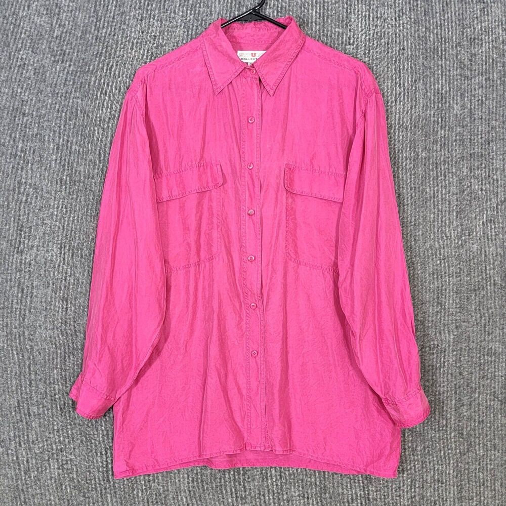 Vintage Stunt Collections Shirt Womens Medium Pink 100% Silk Blouse Tunic Top